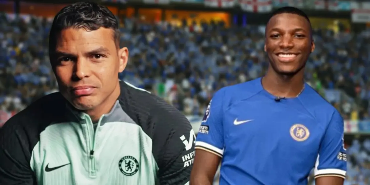 Thiago Silva com a camisa do Chelsea e Moisés Caicedo com a camisa do Chelsea