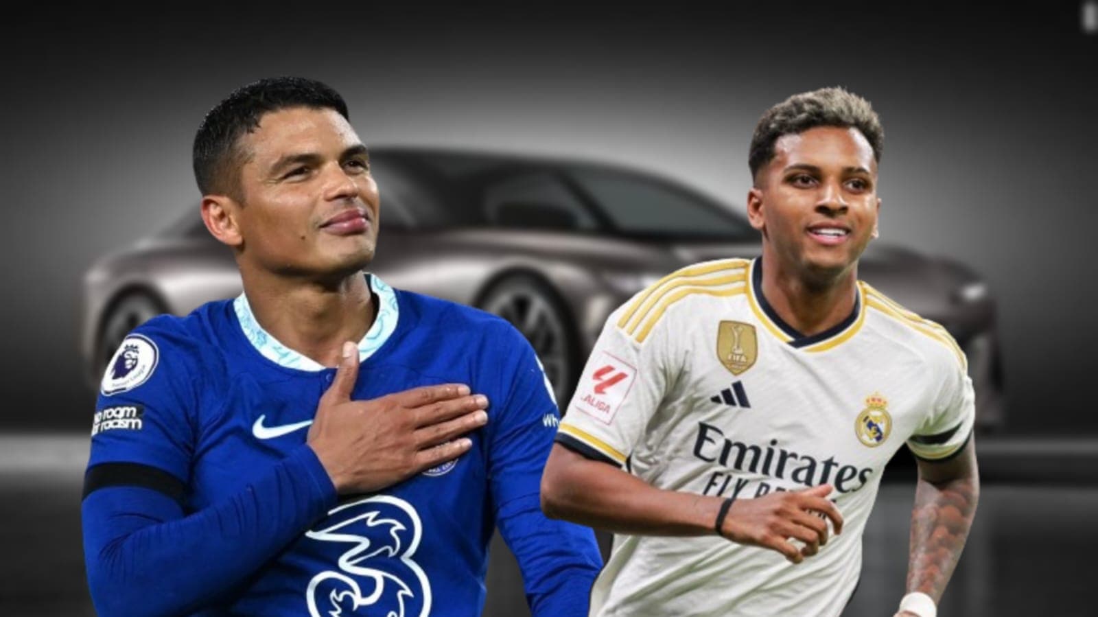 Thiago Silva com a camisa do Chelsea e Rodrygo com a camisa do Real Madrid