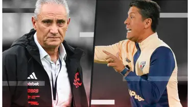 Tite com a camisa do Flamengo e Thiago Carpini com a camisa do São Paulo