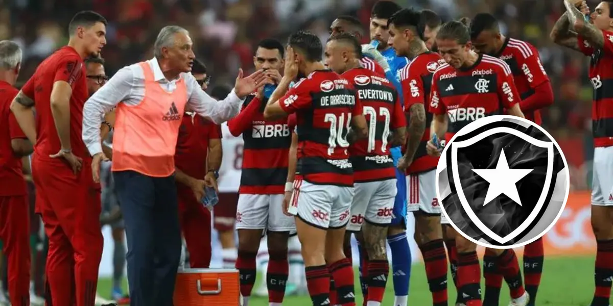 Tite com o elenco do Flamengo e o escudo do Botafogo ao lado