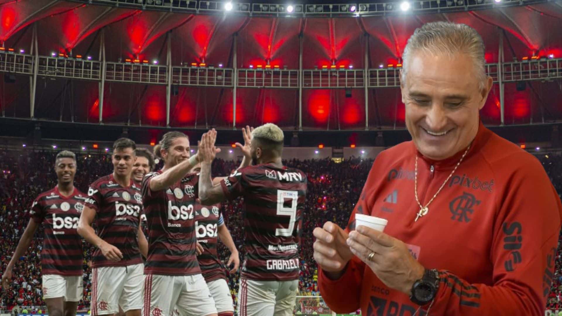 Tite com os jogadores do Flamengo e Maracanã