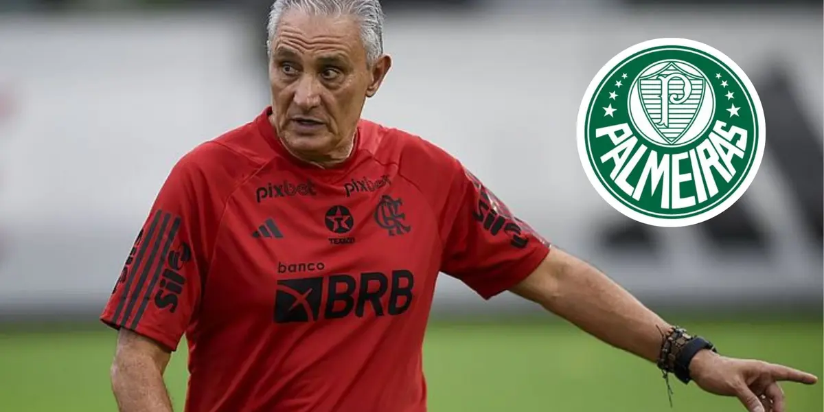 Tite durante treinamento e ao lado o escudo do Palmeiras