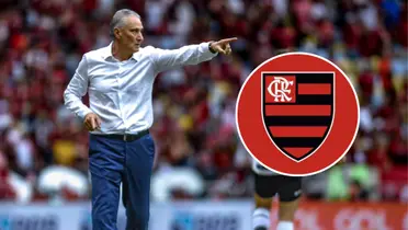 Tite e ao lado o escudo do Flamengo 