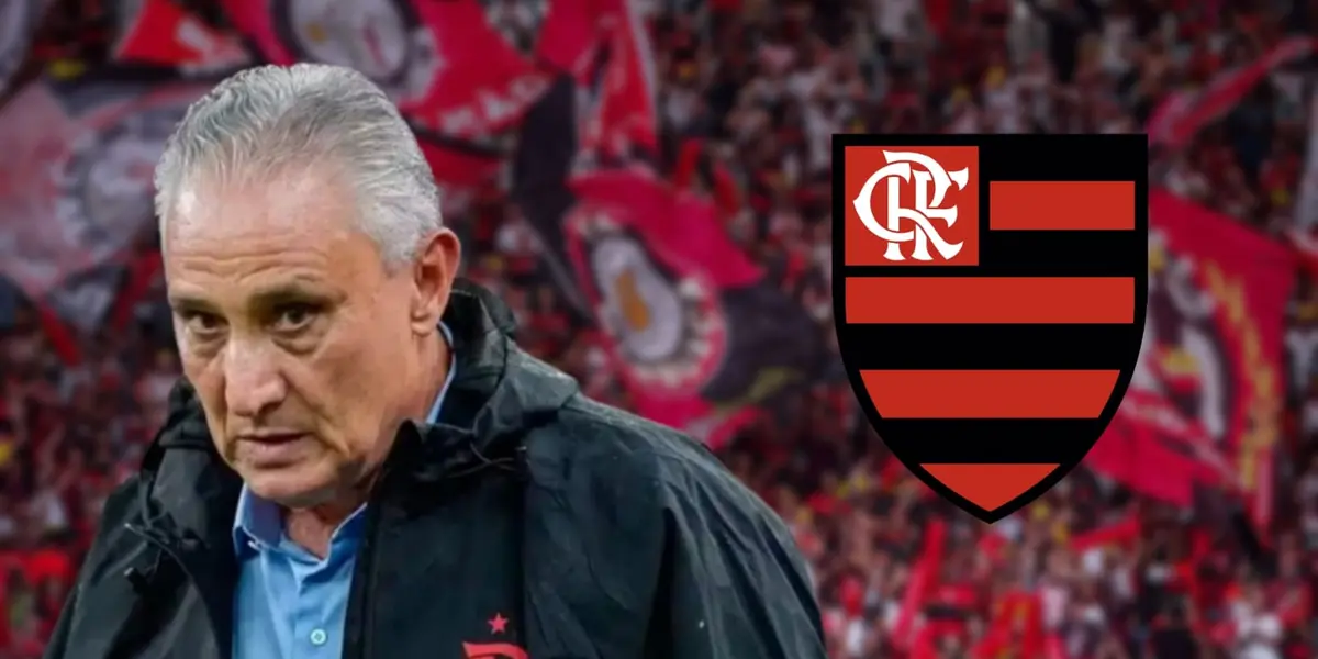 Tite sério com a camisa do Flamengo e escudo do Flamengo