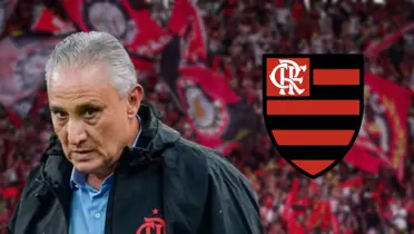 Tite sério com a camisa do Flamengo e escudo do Flamengo