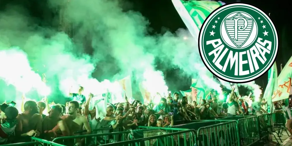 Torcida do Palmeiras e o escudo do Palmeiras ao lado