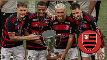 Varella, De La Cruz, Arrascaeta e Matías Viña, ao lado o escudo do Flamengo 