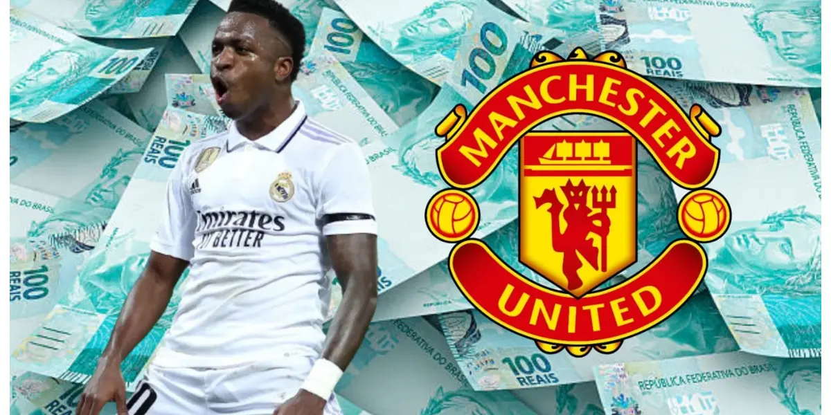 Vini com a camisa do Real Madrid e o escudo do Manchester United