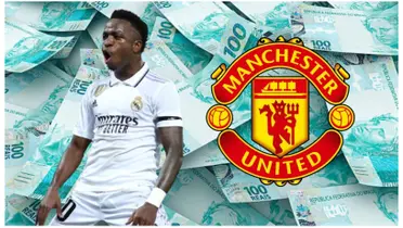 Vini com a camisa do Real Madrid e o escudo do Manchester United