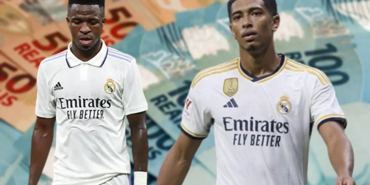 Vini e Bellingham com a camisa do Real Madrid