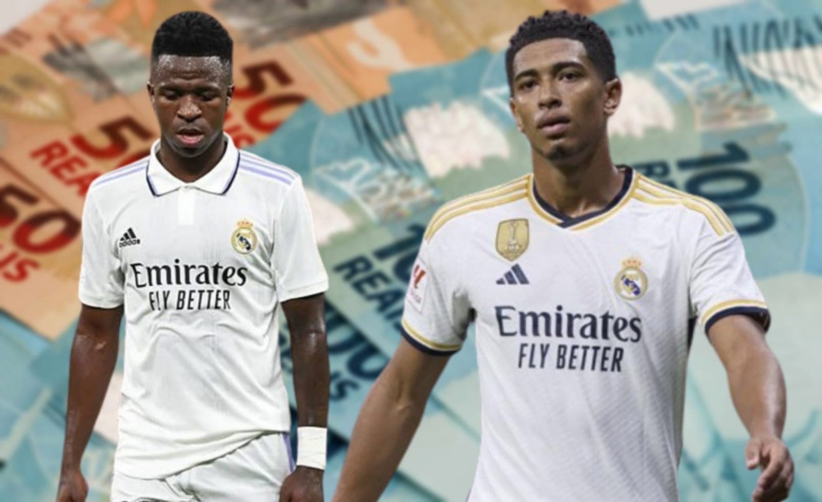 Vini e Bellingham com a camisa do Real Madrid
