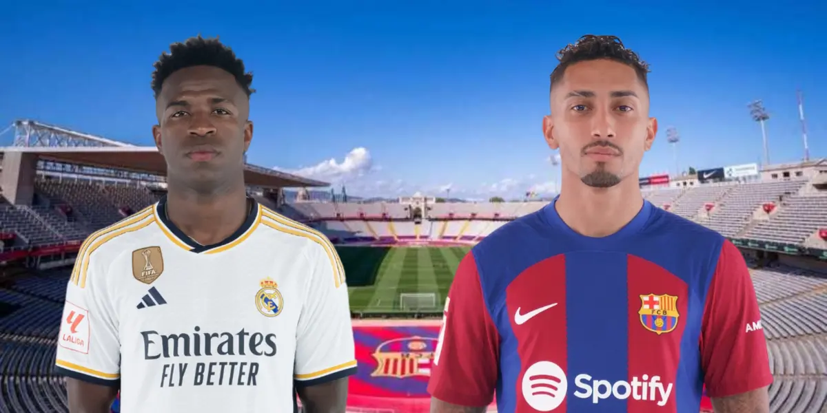 Vini Jr com a camisa do Real Madrid ao lado de Raphinha no Barcelona