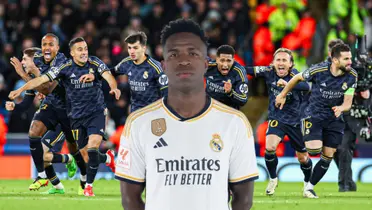 Vini Jr com a camisa do Real Madrid com os jogadores comemorando a classificação a fundo