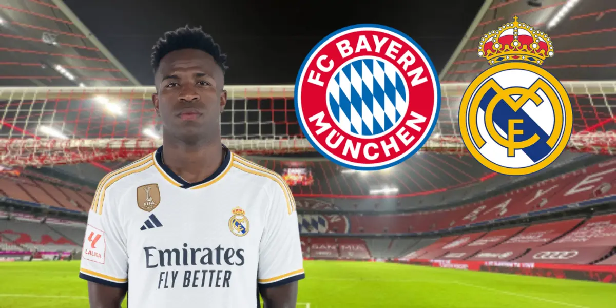 Vini Jr com a camisa do Real Madrid e a Allianz Arena ao fund