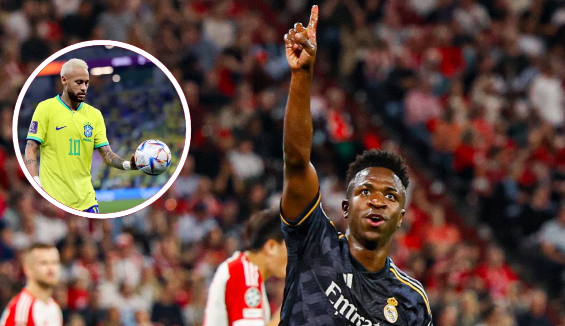 Vini Jr comemorando pelo Real Madrid e Neymar na Seleção Brasileira