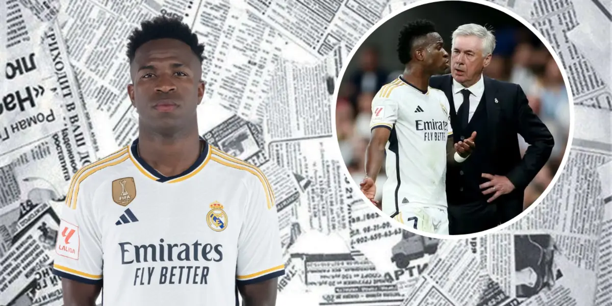 Vini Jr durante o partida do Real Madrid ao lado de Carlo Ancelotti