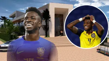 Vini Jr e Arboleda com a mansão do craque brasileiro ao fundo