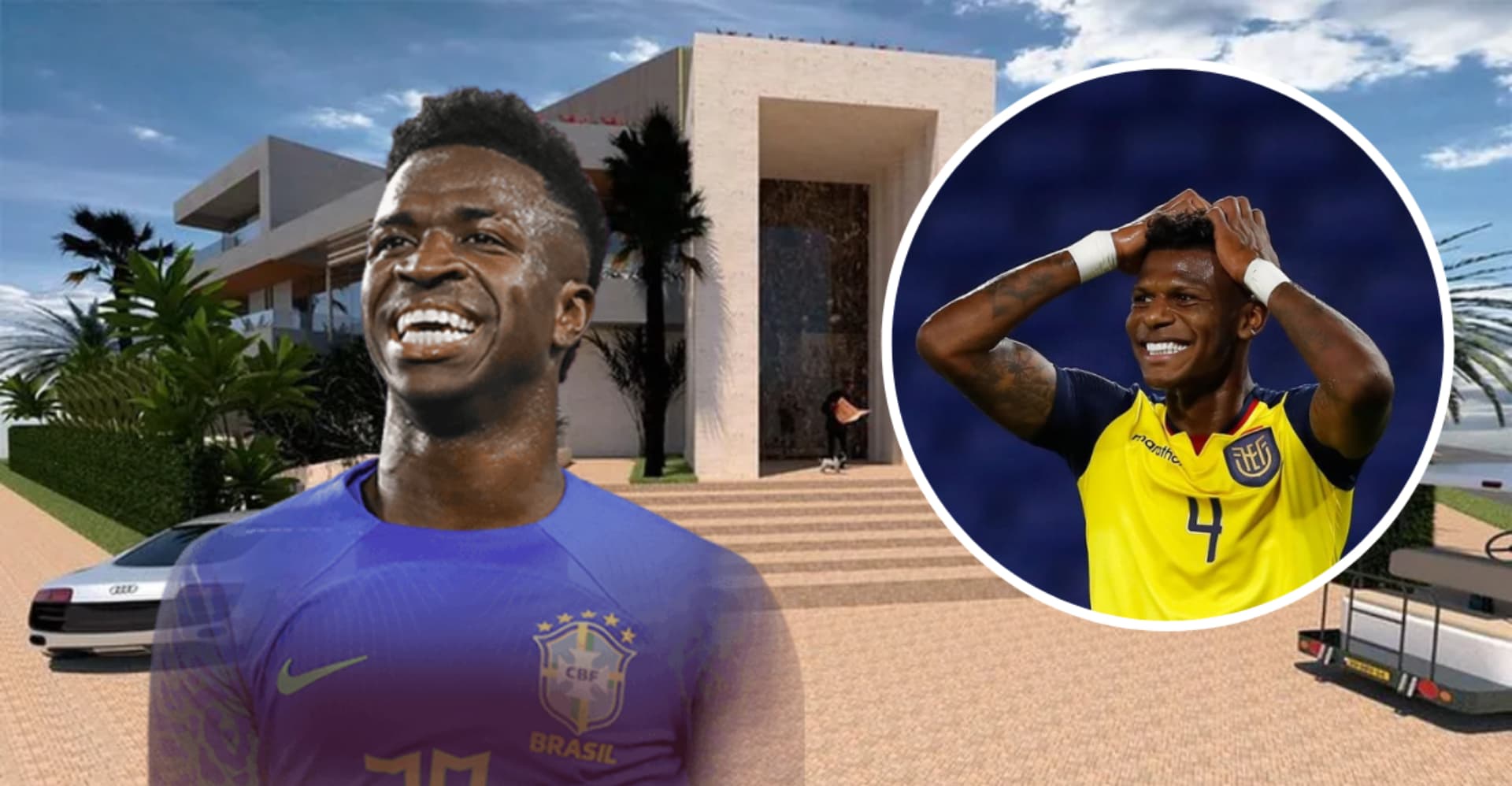Vini Jr e Arboleda com a mansão do craque brasileiro ao fundo