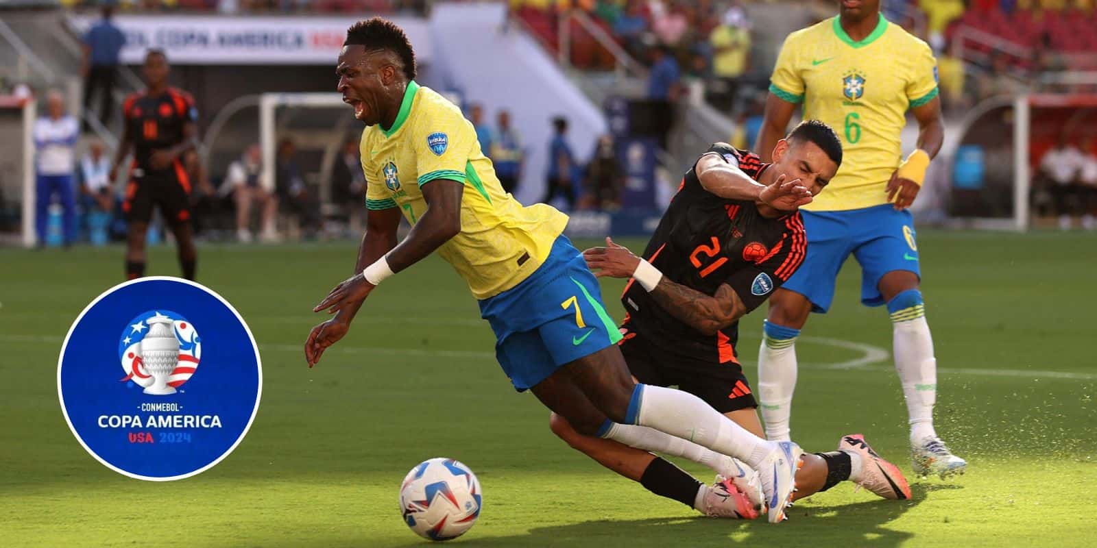 Vini Jr é derrubado na área na partida contra a Colômbia