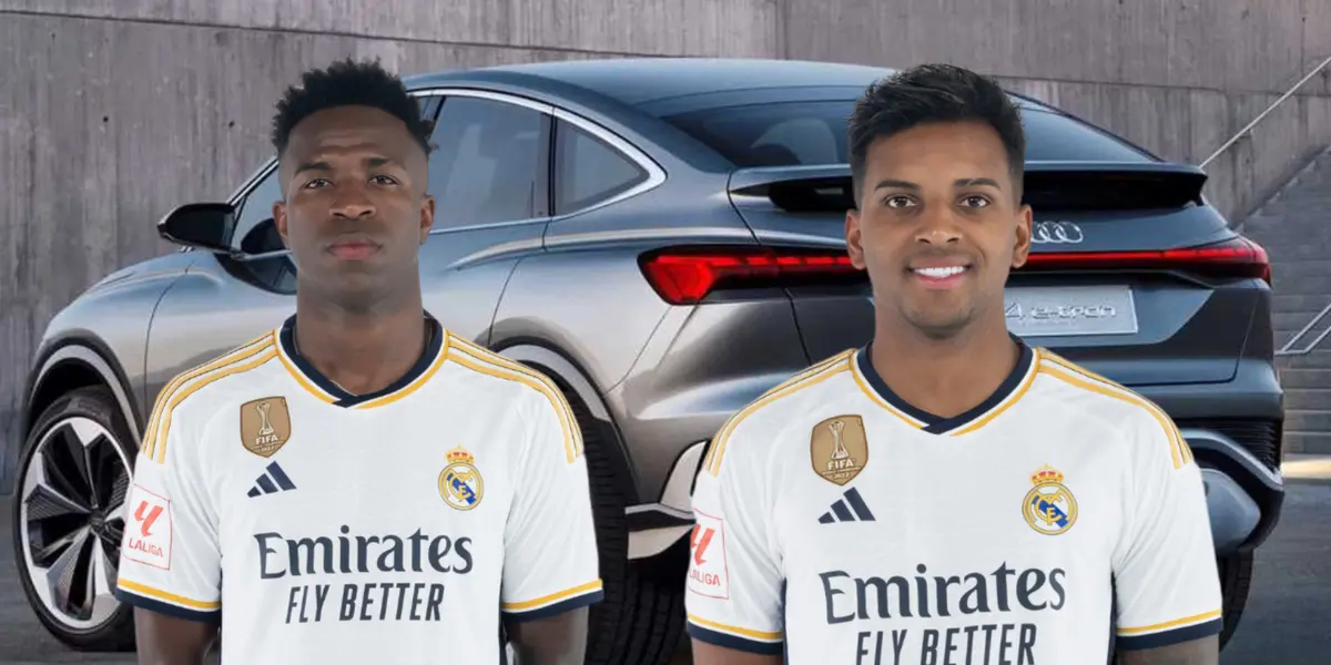 Vini Jr e Rodrygo no Real Madrid com o carro luxuoso ao fundo