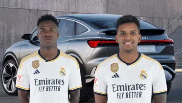 Vini Jr e Rodrygo no Real Madrid com o carro luxuoso ao fundo
