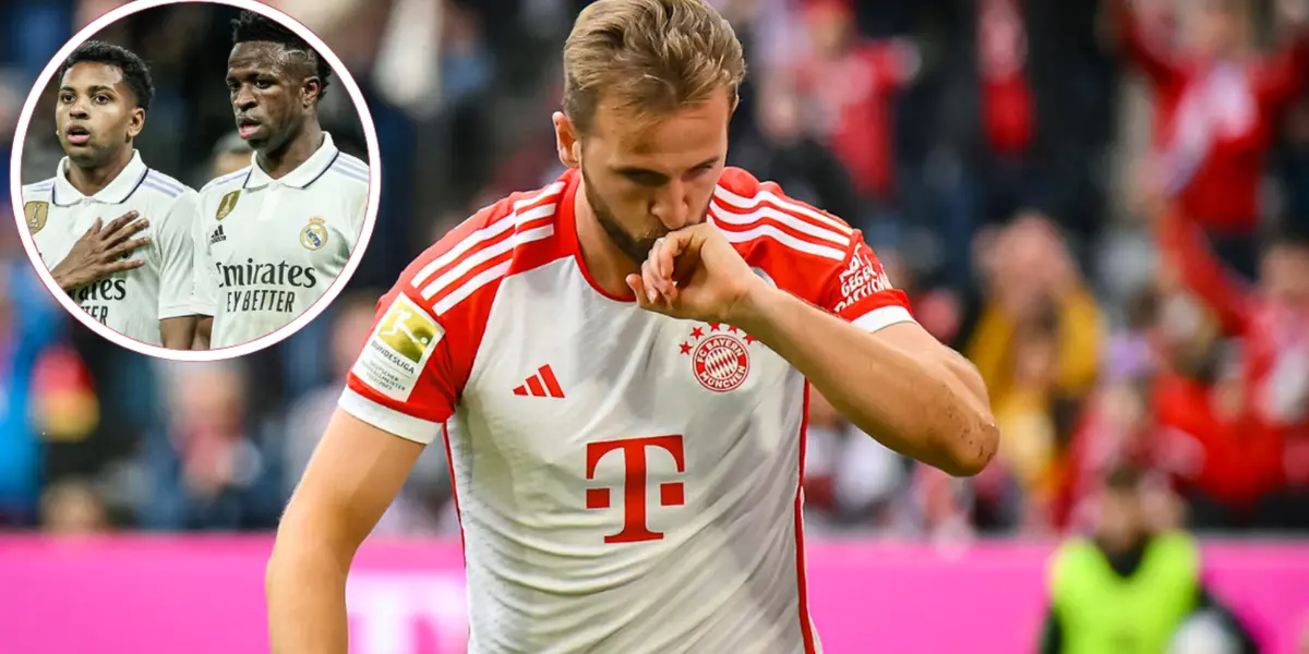 Vini Jr e Rodrygo no Real Madrid e Harry Kane comemorando pelo Bayern de Munique