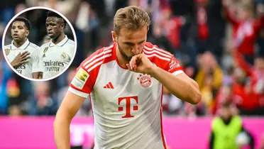 Vini Jr e Rodrygo no Real Madrid e Harry Kane comemorando pelo Bayern de Munique