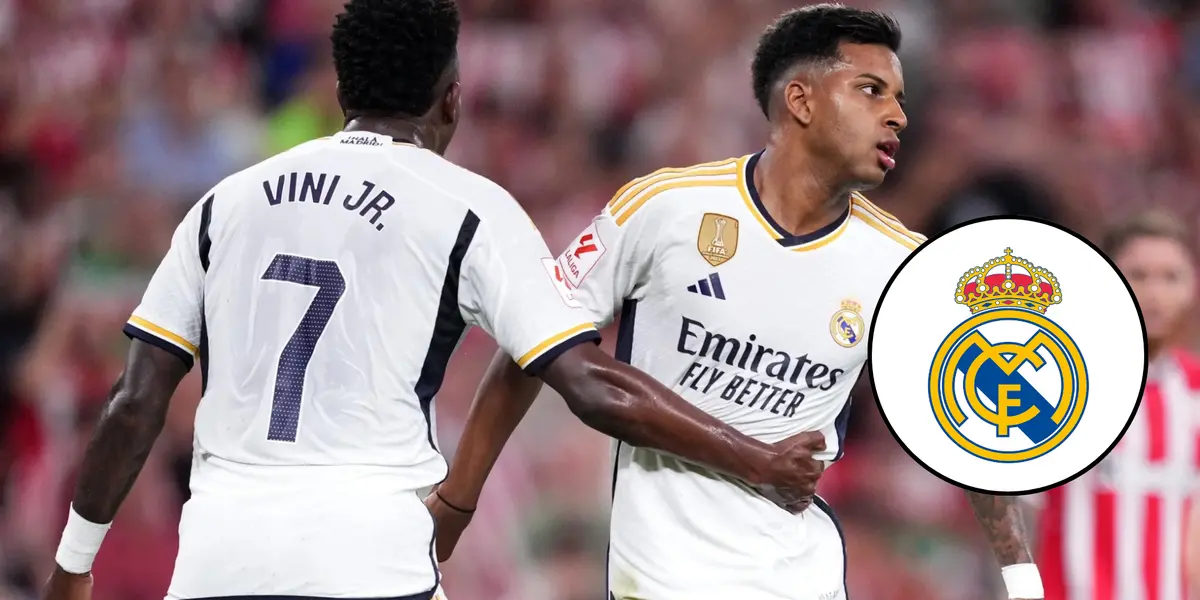 Vini Jr., Rodrygo e o escudo do Real Madrid ao lado