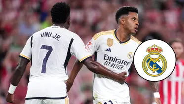Vini Jr., Rodrygo e o escudo do Real Madrid ao lado