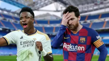 Vinicius Júnior com a camisa do Real e Messi com a camisa do Barcelona
