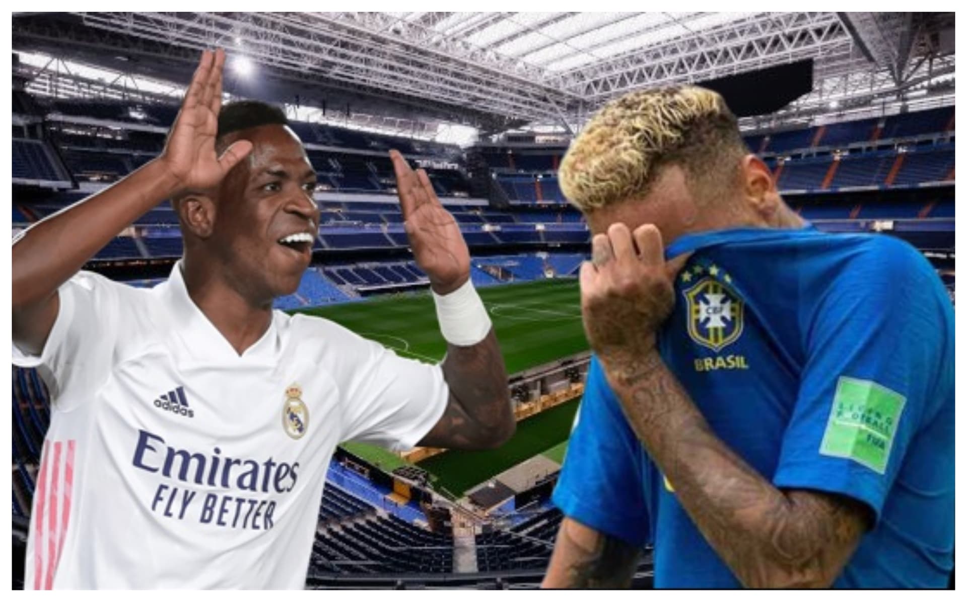 Vinicius Júnior com a camisa do Real Madrid e Neymar com a camisa da Seleção Brasileira