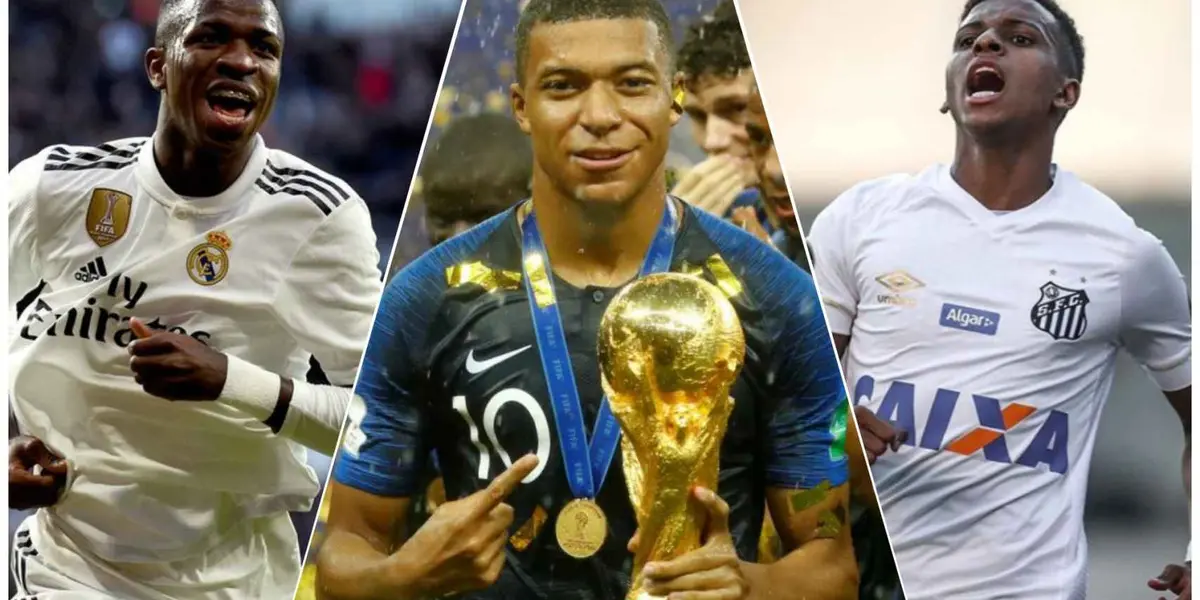 Vinicius Júnior com a camisa do Real Madrid, Mbappé com a camisa do França e Rodrygo com a camisa do Santos