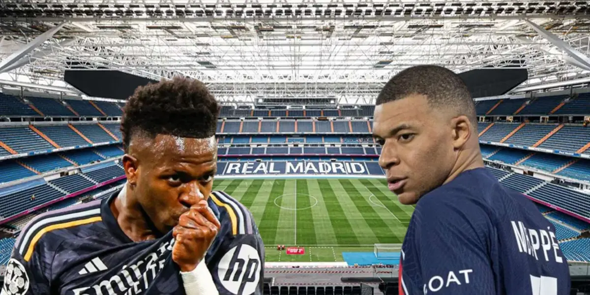 Vinícius Júnior do Real Madrid e Kylian Mbappé do PSG no Estádio Bernabéu.