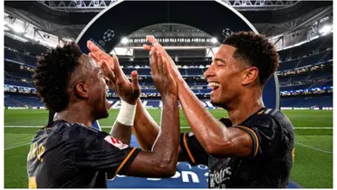 Vinicius Júnior e Bellingham com a camisa do Real Madrid