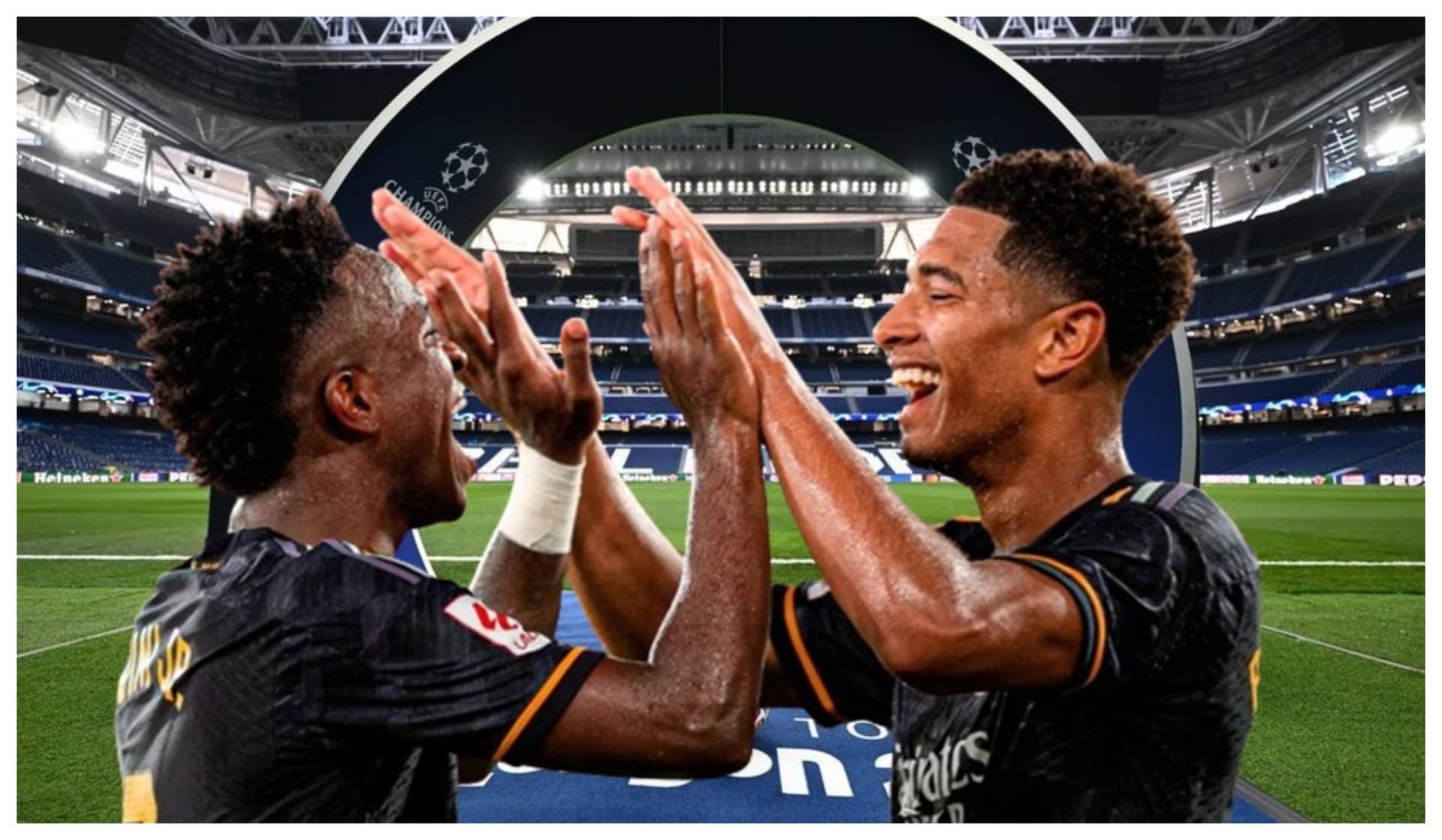 Vinicius Júnior e Bellingham com a camisa do Real Madrid