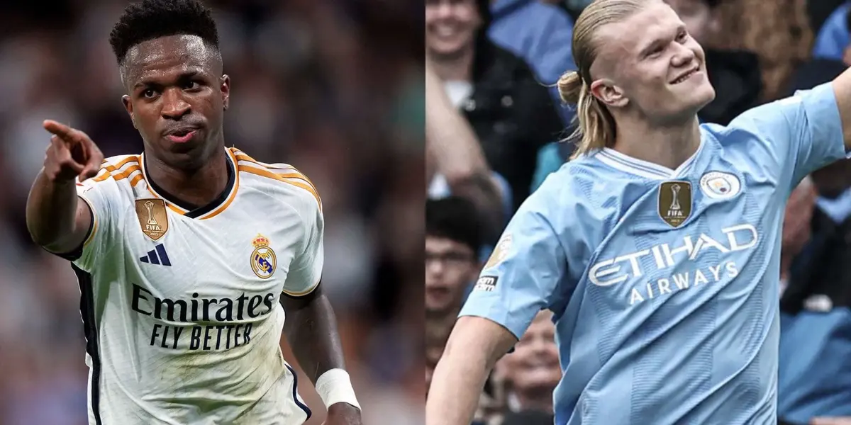 Vinícius Júnior jogando pelo Real Madrid e ao lado Haaland jogando pelo Manchester City