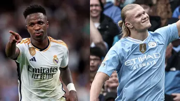 Vinícius Júnior jogando pelo Real Madrid e ao lado Haaland jogando pelo Manchester City