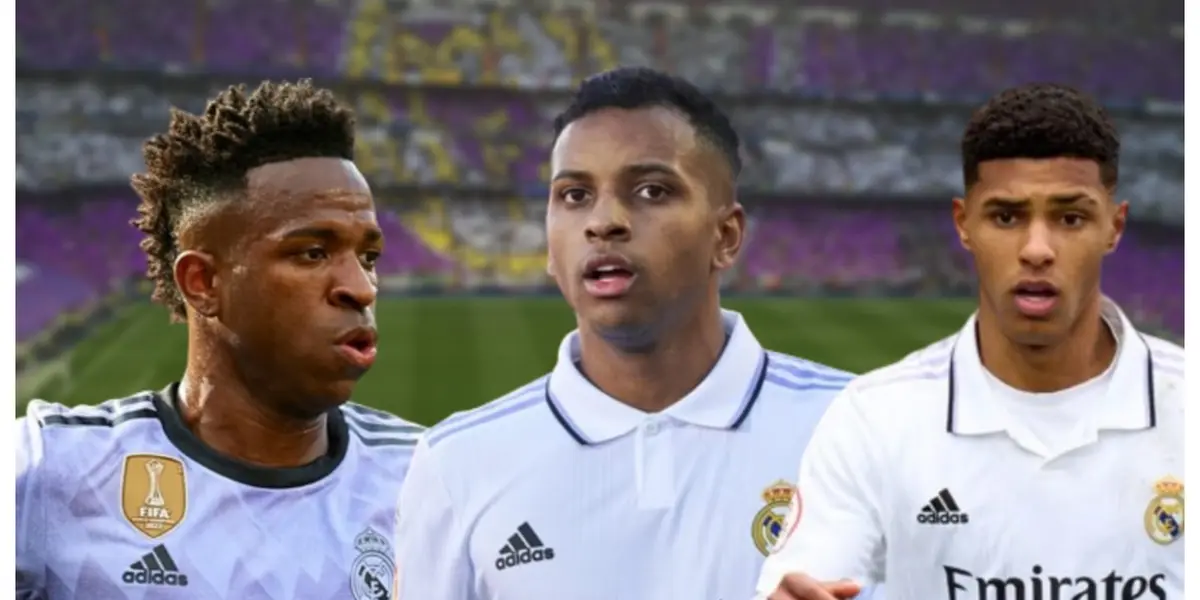 Vinicius Júnior, Rodrygo e Vinicius Tobias com a camisa do Real Madrid