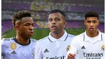 Vinicius Júnior, Rodrygo e Vinicius Tobias com a camisa do Real Madrid