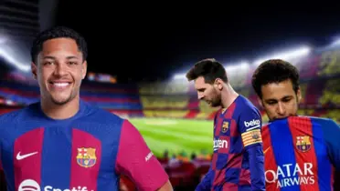 Vitor Roque, Neymar e Lionel Messi, ambos com a camisa Barcelona
