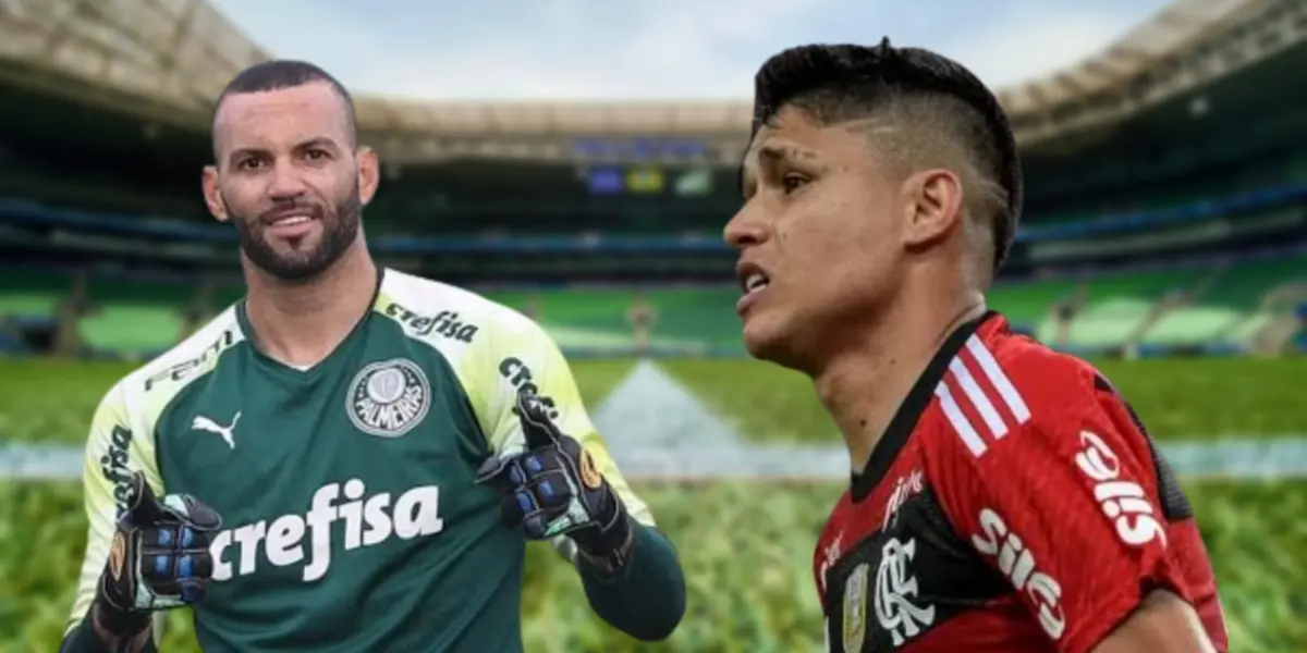 Weverton com a camisa do Palmeiras e Luiz Araújo com a camisa do Flamengo