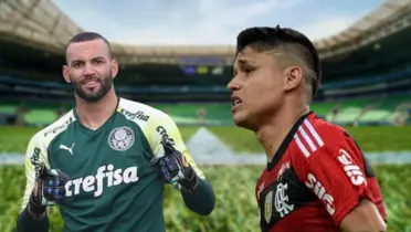Weverton com a camisa do Palmeiras e Luiz Araújo com a camisa do Flamengo