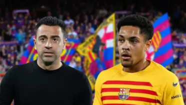 Xavi e Vitor Roque com a camisa do Barcelona