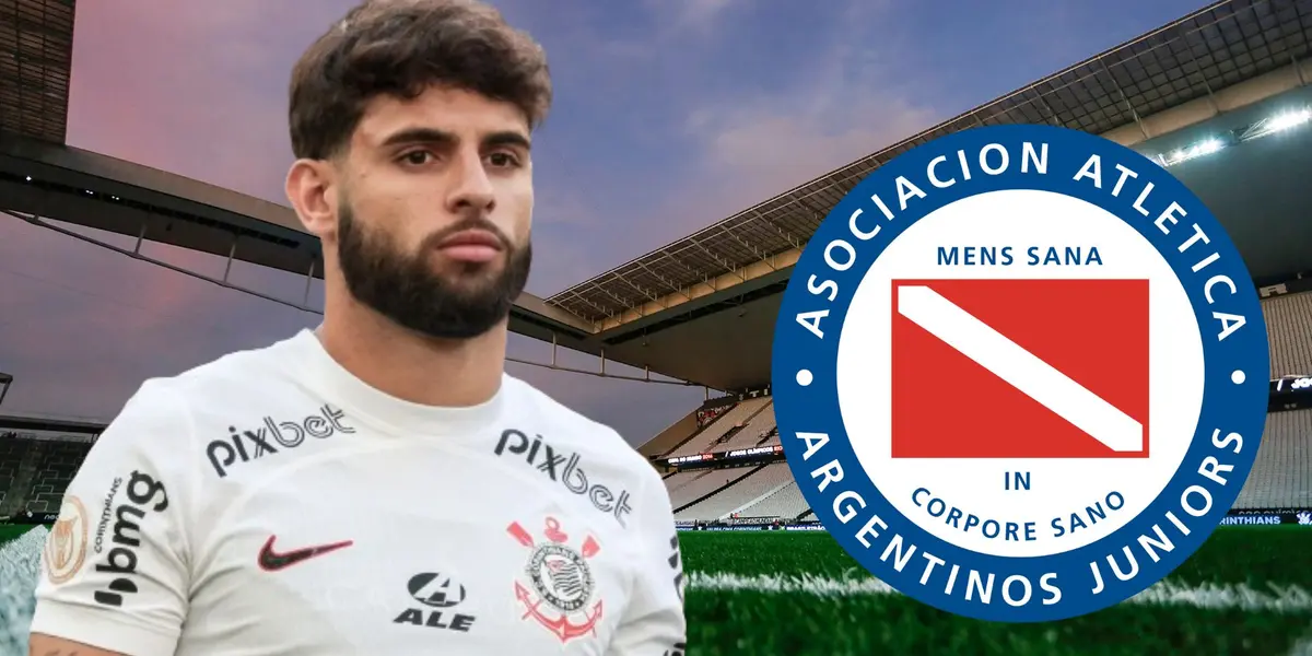 Yuri Alberto do Corinthians na Neo Química Arena e escudo do Argentinos Juniors.