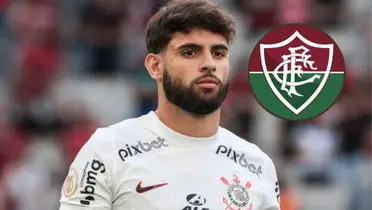 Yuri Alberto e ao lado o escudo do Fluminense