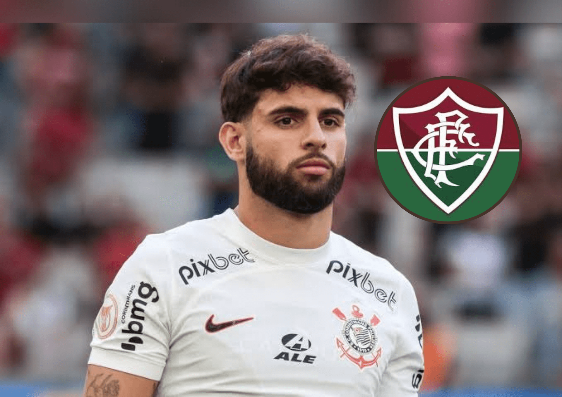 Yuri Alberto e ao lado o escudo do Fluminense