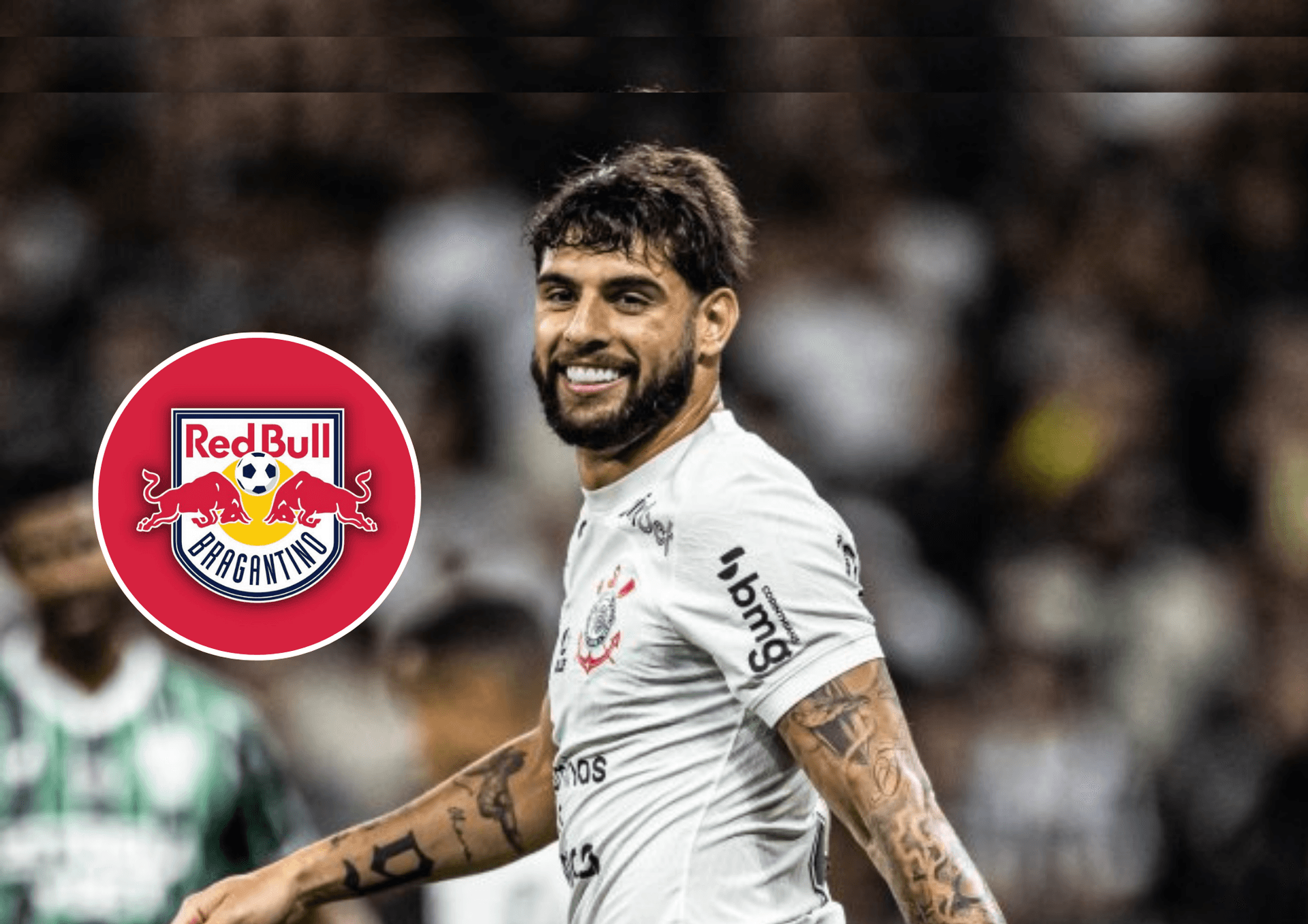 Yuri Alberto e o escudo do RB Bragantino ao lado