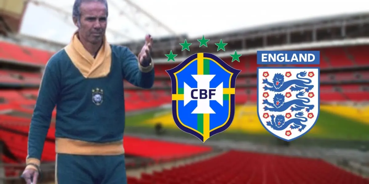 Zagallo e os escudos da Seleção Brasileira e Inglesa