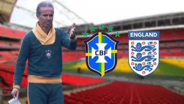 Zagallo e os escudos da Seleção Brasileira e Inglesa