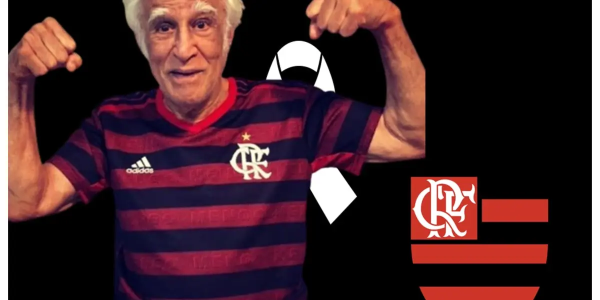 Ziraldo com a camisa do Flamengo e o escudo do Flamengo
